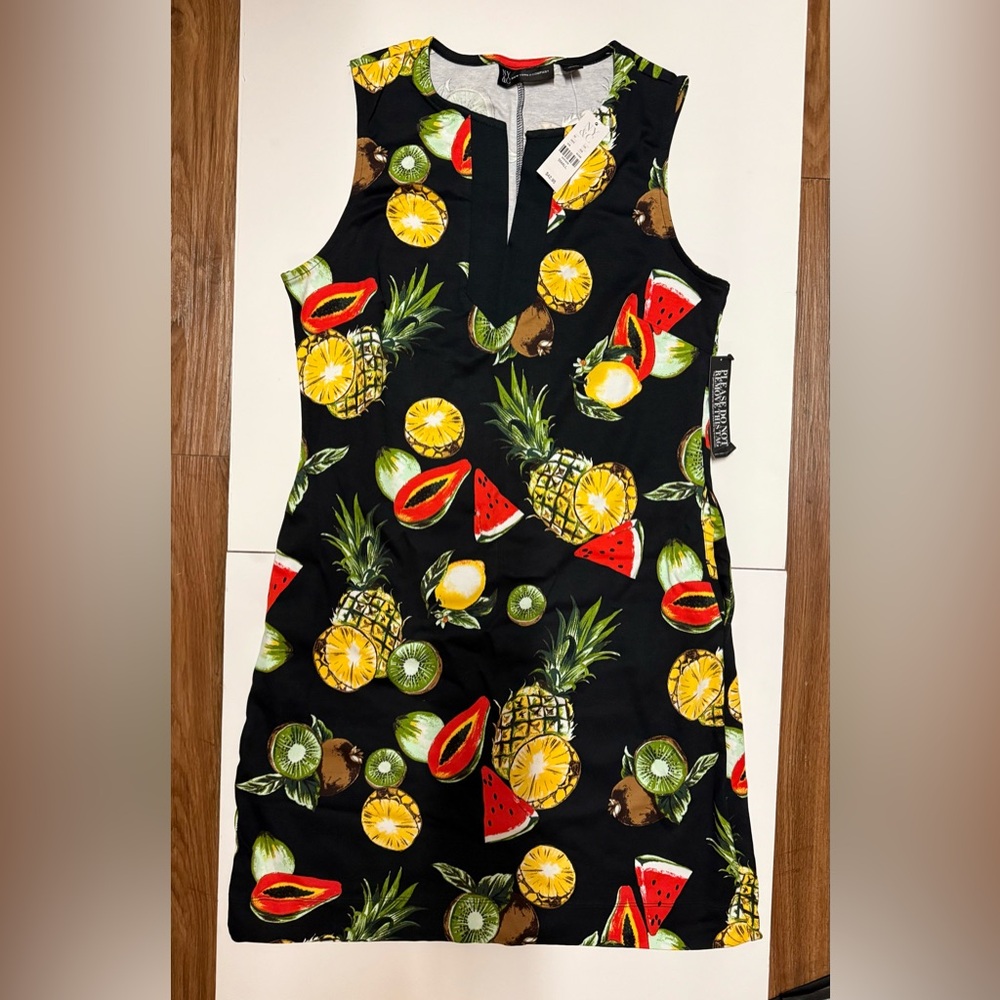 New York & Company Black Dress with Fruit Print